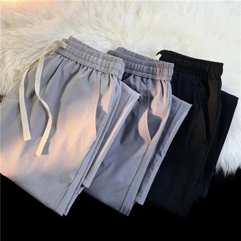 2023 Летни мъжки ежедневни тънки бързо съхнещи панталони, корейски модни дишащи широки панталони от ледената коприна, мъжки светло сив