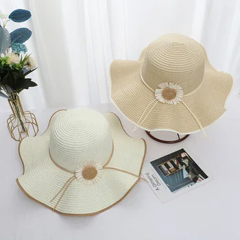 Ohmmayby Пролет и лято 2023 Нова плетени от трева сатен шапка с цветя модел, градинска и плажна защита от слънцето, елегантни слънчеви шапки с купол вълна