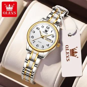 OLEVS Луксозни кварцови часовници за жени часовници е от неръждаема стомана водоустойчив Светещи Дата на седмица Елегантна рокля дамски ръчни часовници 5567