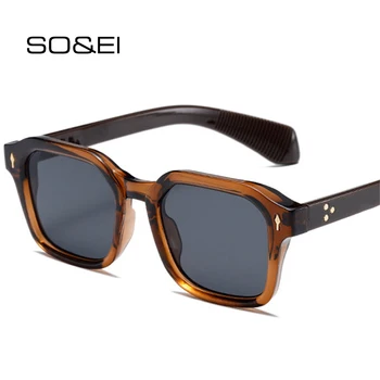 SO & EI Реколта квадратни слънчеви очила с нитове, женски градиентные нюанси UV400, мъжки пънк-кафяви слънчеви очила