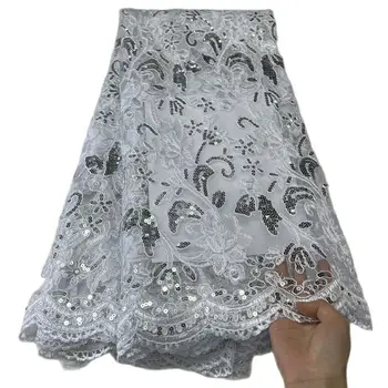 Бяла африканска лейси плат с пайети, френска лейси окото, мрежести тъкани, за жени вечерна рокля, 5 ярда