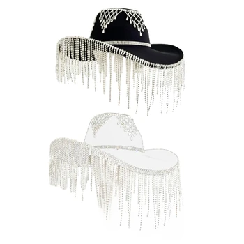 Елегантна ковбойская шапка с голяма периферия, защитна шапка с ресни, шапка за парти в нощен клуб