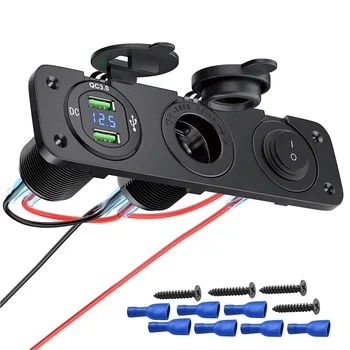 Зарядно устройство 3 в 1 с два USB конектори, запалки, захранващ адаптер с ключа волтметър за автомобил, морски лодки, квадроцикла, камион