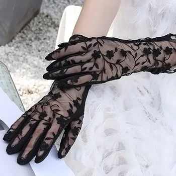 Модни Дантелени Дамски Къси Ръкавици Със Сензорен екран, Защита От Слънцето, Анти-UV, Секси Черни Ръкавици За Пълен Пръст, Елегантни Женски Танцови Ръкавици