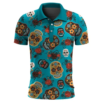 Новата мъжка мода лято класическа риза поло с 3D принтом на черепа, тениска-поло Унисекс, уличен отдих, спортна тениска с къс ръкав, отгоре