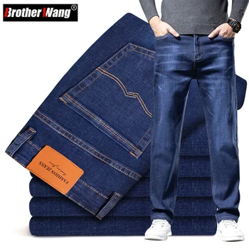 По-големи размери от 40 42 44, есенни свободни плътни сини дънки, мъжки бизнес ежедневни памучни дънкови панталони повишена еластичност, мъжки марка дрехи