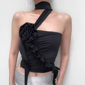Пролетта ново женствена рокля, пикантен дизайн за момичета, 3D цвете метод, оборудвана жилетка на гърба, секси топ, върхове