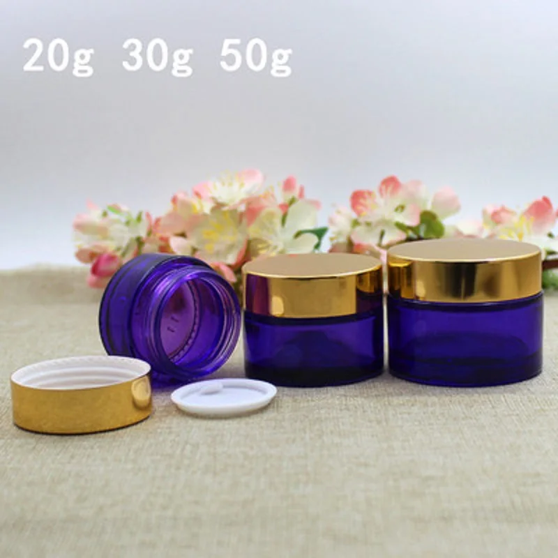 Е лилава стъклено бурканче за крем, козметичен опаковъчен контейнер със златен капак, пътна бурканче за крем за очите, бутилка за еднократна употреба, 30 гр, 50 гр, 20 броя - 4