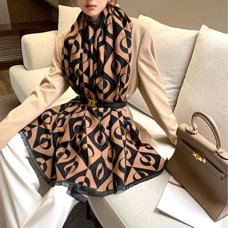 Зимна луксозен брендовый дизайн, женски вълнен шал, мек двустранен жаккардовый топъл шал-шал с принтом - 0
