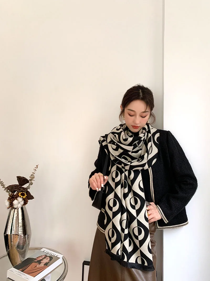 Зимна луксозен брендовый дизайн, женски вълнен шал, мек двустранен жаккардовый топъл шал-шал с принтом - 3